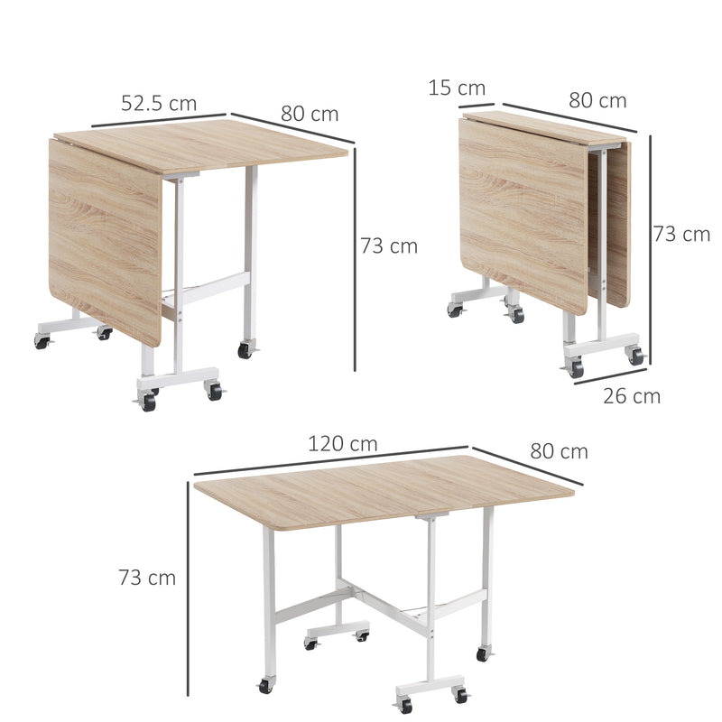 HOMCOM Drop Leaf Table With Wheels Folding Dining Table For Small Spaces, Nature