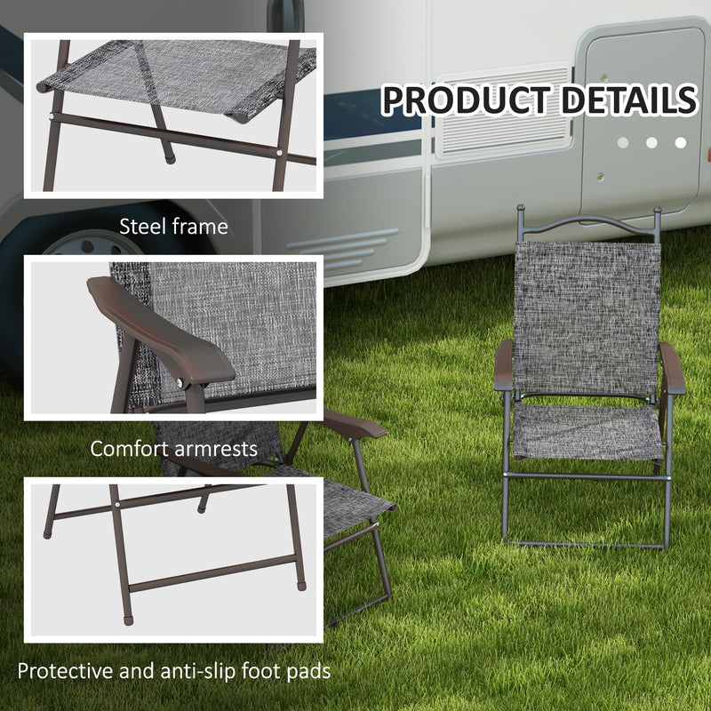 Outsunny Folding Chairs Set W/ Armrest, Breathable Mesh Fabric Seat - Grey/Brown