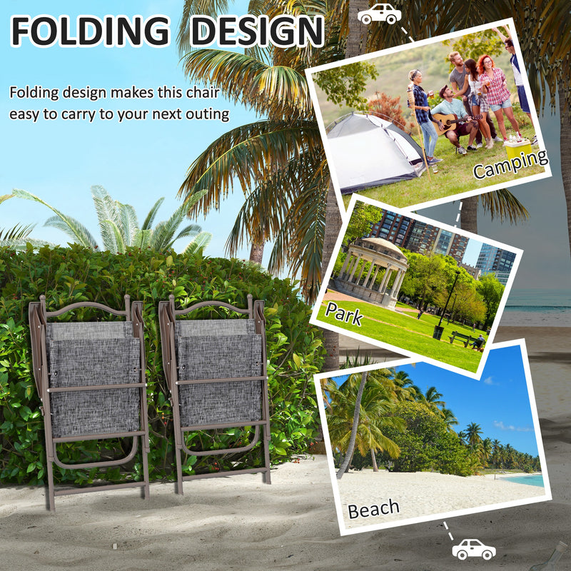 Outsunny Folding Chairs Set W/ Armrest, Breathable Mesh Fabric Seat - Grey/Brown