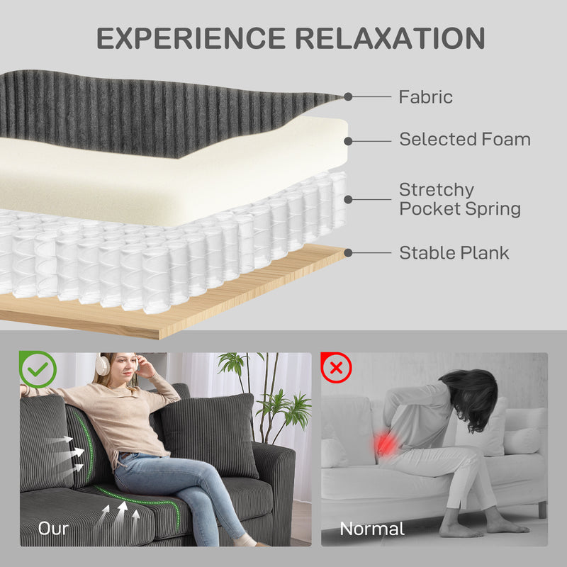 HOMCOM 212 Cm Upholstered Jumbo Cord Sofa Couch With Spring Cushion