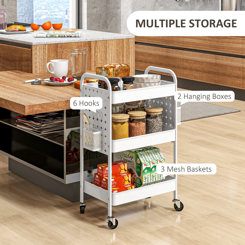 HOMCOM Rolling Utility Cart With 3 Mesh Basket, 2 Boxes, 6 Hooks For Kitchen/Bathroom