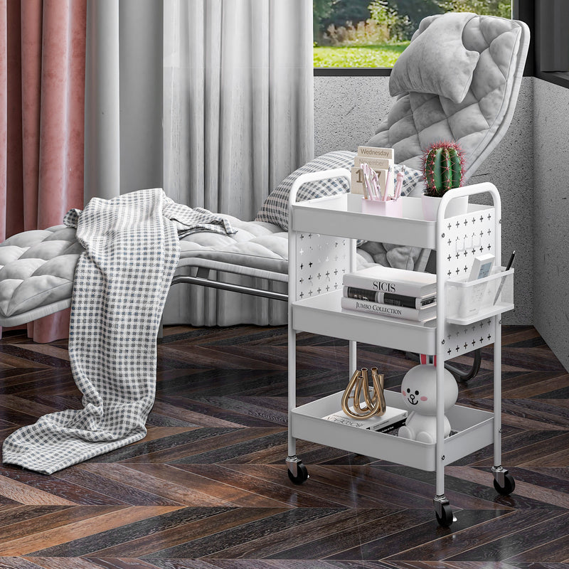 HOMCOM Rolling Utility Cart With 3 Mesh Basket, 2 Boxes, 6 Hooks For Kitchen/Bathroom
