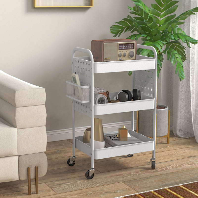 HOMCOM Rolling Utility Cart With 3 Mesh Basket, 2 Boxes, 6 Hooks For Kitchen/Bathroom