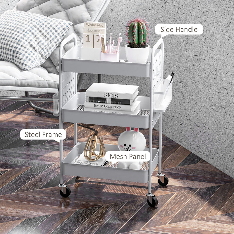 HOMCOM Rolling Utility Cart With 3 Mesh Basket, 2 Boxes, 6 Hooks For Kitchen/Bathroom
