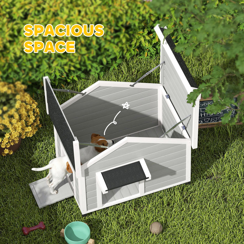 PawHut Wooden Dog House with Openable Roof, Removable Floor, Light Grey