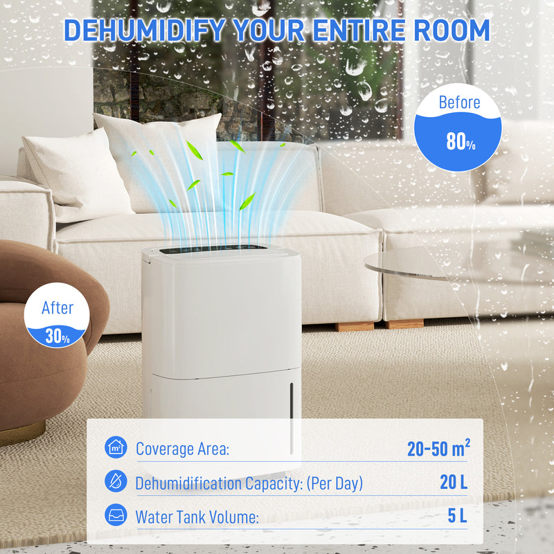 HOMCOM 20L/Day Dehumidifier with Continuous Drainage, 5L Water Tank, Timer