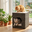 PawHut 2-Tier Wicker Cat House, Rattan Cat Bed with Washable Cushions