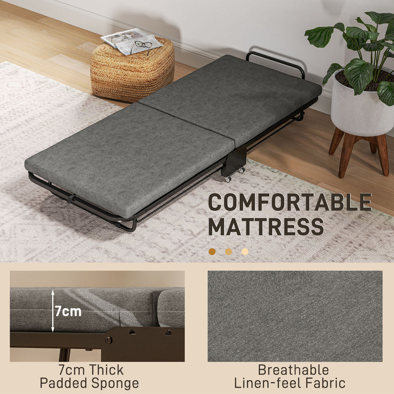 HOMCOM Single Folding Bed with Mattress Foldable Guest Bed on Wheels, Grey