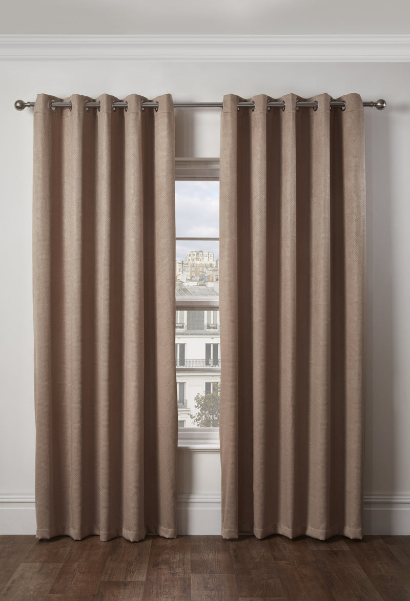 Ambiance Thermal Blackout Eyelet Curtains ? 3D Embossed Curtains With Reflective Reverse Weave in Taupe