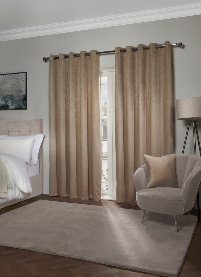 Ambiance Thermal Blackout Eyelet Curtains ? 3D Embossed Curtains With Reflective Reverse Weave in Taupe