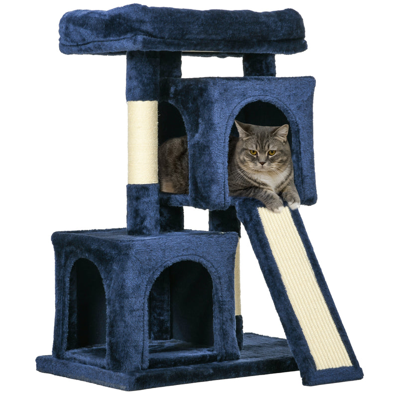 PawHut Cat Rest & Play Activity Tree w/ 2 House Perch Scratching Post Navy Blue