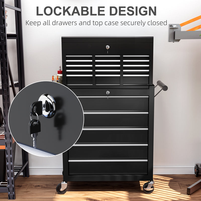 HOMCOM Rolling Tool Chest Lockable Roller Cabinet with with 14 Drawers Black