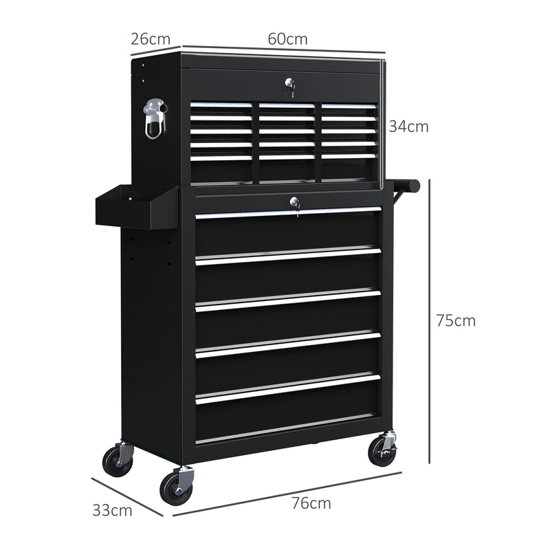 HOMCOM Rolling Tool Chest Lockable Roller Cabinet with with 14 Drawers Black