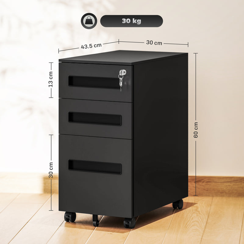 Vinsetto Lockable Mobile Filing Cabinet w/ 3 Drawers 30 x 43.5 x 60 cm