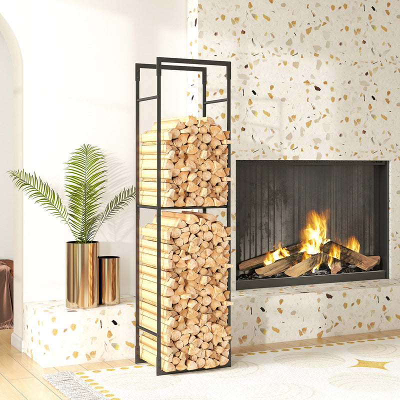Outsunny Metal Firewood Log Holder, Firewood Rack with Adjustable Shelf