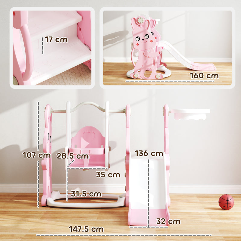 AIYAPLAY 4 in 1 Kids Slide and Swing Set with Climber, Basketball Hoop, Pink