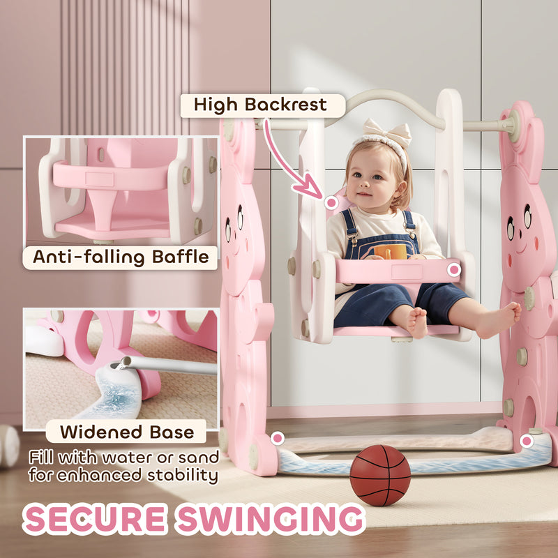 AIYAPLAY 4 in 1 Kids Slide and Swing Set with Climber, Basketball Hoop, Pink