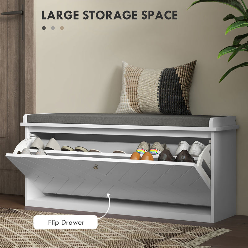 HOMCOM Shoe Bench with Flip Drawer, Cushion, 10 Pairs for Entryway White