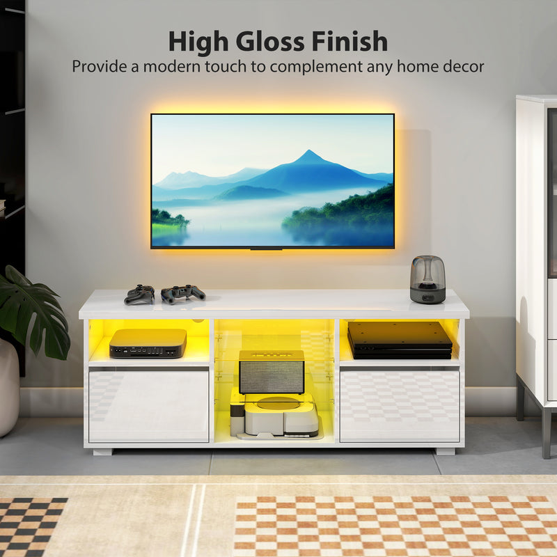 HOMCOM High Gloss TV Stand Cabinet with LED Lights for Living Room, White