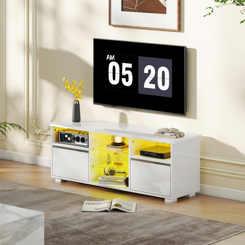 HOMCOM High Gloss TV Stand Cabinet with LED Lights for Living Room, White