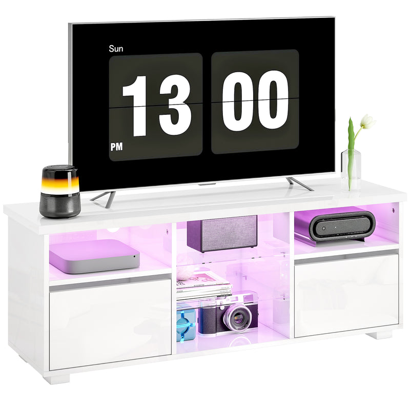 HOMCOM High Gloss TV Stand Cabinet with LED Lights for Living Room, White