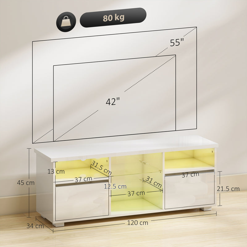 HOMCOM High Gloss TV Stand Cabinet with LED Lights for Living Room, White