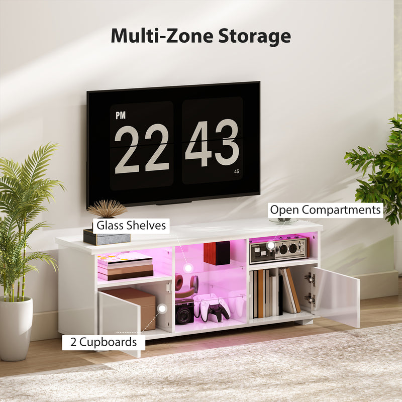 HOMCOM High Gloss TV Stand Cabinet with LED Lights for Living Room, White