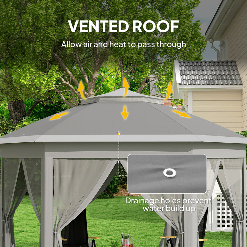 Outsunny 3x4m Hexagon Gazebo W/ Mesh Curtains Outdoor Garden, Dark Grey