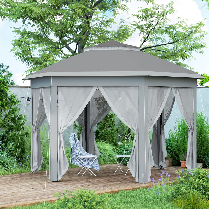 Outsunny 3x4m Hexagon Gazebo W/ Mesh Curtains Outdoor Garden, Dark Grey