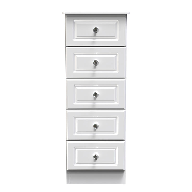 Clarence Ready Assembled 5 Drawer Tallboy in White Gloss & White