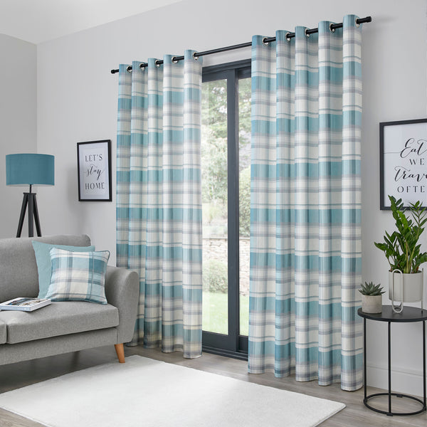 Fusion Balmoral Check Eyelet Curtains In Duck Egg 66" Width X 54" Drop (168 X 137cm)