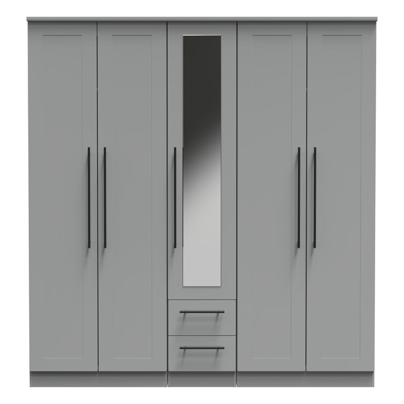 Harrow Ready Assembled Tall 5 Door 2 Drawer 1 Mirror Wardrobe in Dusk Grey