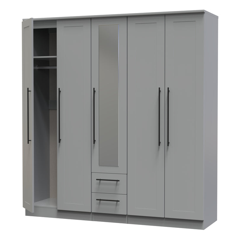 Harrow Ready Assembled Tall 5 Door 2 Drawer 1 Mirror Wardrobe in Dusk Grey