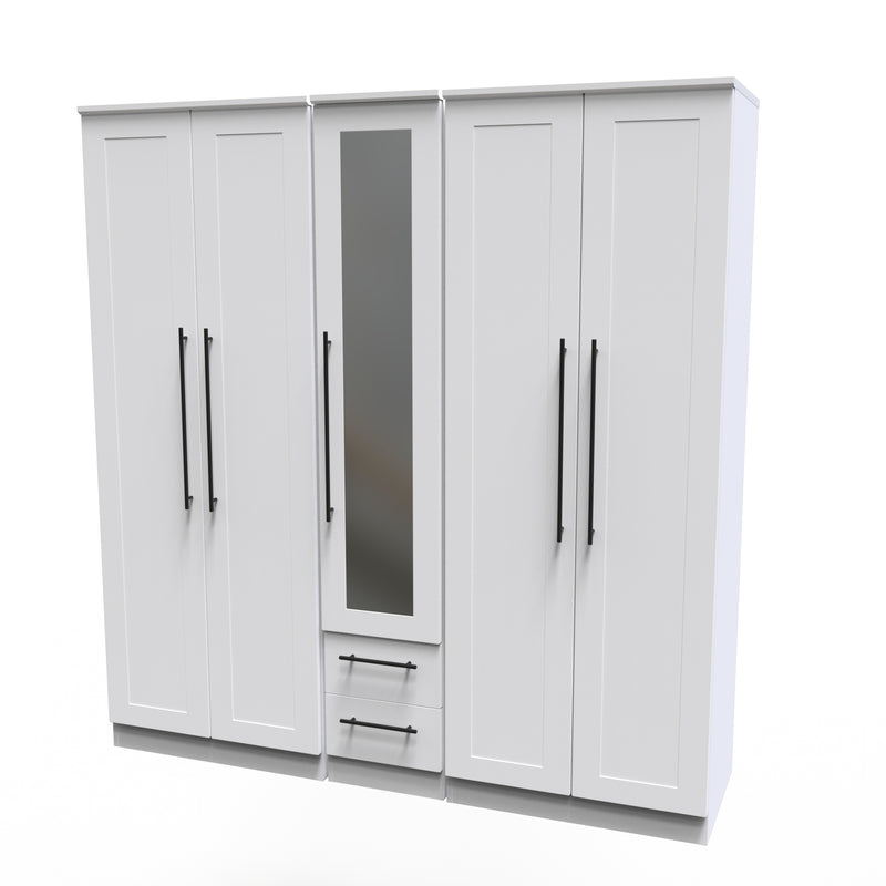 Harrow Ready Assembled Tall 5 Door 2 Drawer 1 Mirror Wardrobe in White Ash