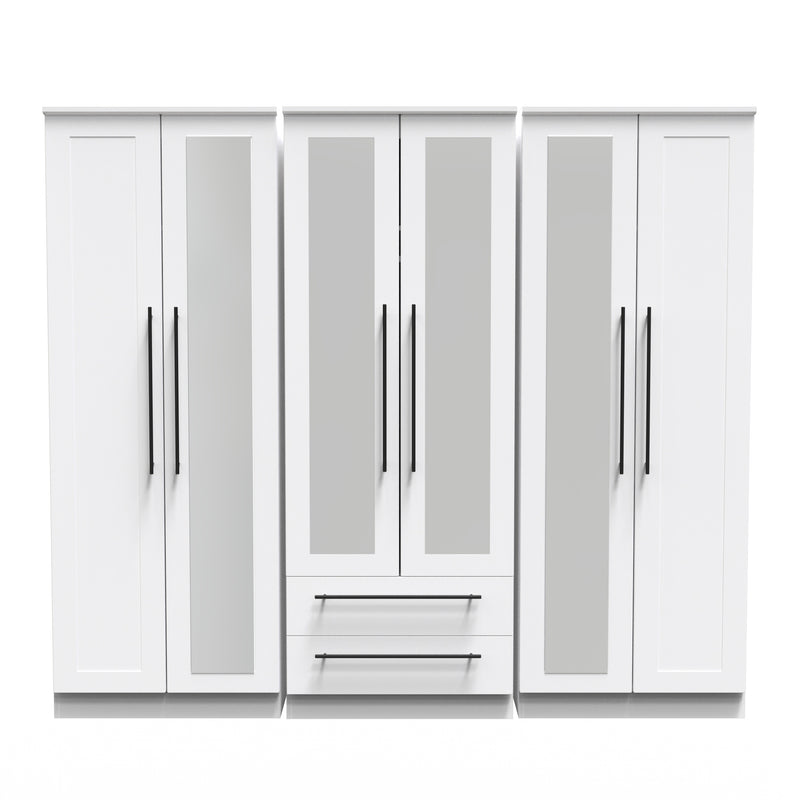 Harrow Ready Assembled Tall 6 Door 2 Drawer 2 Mirror Wardrobe in White Ash