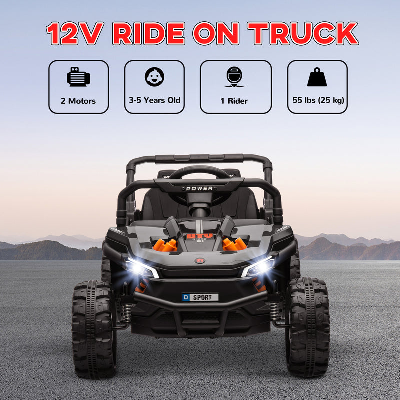 AIYAPLAY Kids Ride On Car, 12V Electric Truck W/ Horn Lights USB - Brown/Black
