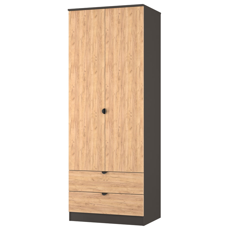 Bora Tall  2 Door 2 Drawer Robe in Gold Craft Oak & Graphite - Ready Assembled