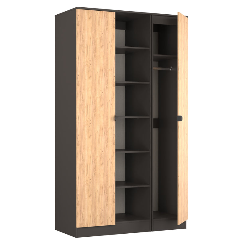 Bora Tall  3 Door Robe with shelves in Gold Craft Oak & Graphite - Ready Assembled