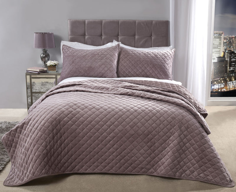 Regent Quilted Soft Touch Velvet Bedspread Set in Heather