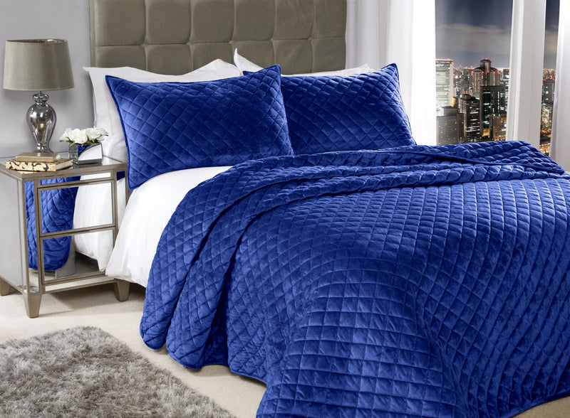 Regent Quilted Soft Touch Velvet Bedspread Set in Navy