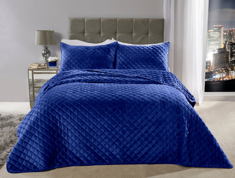 Regent Quilted Soft Touch Velvet Bedspread Set in Navy