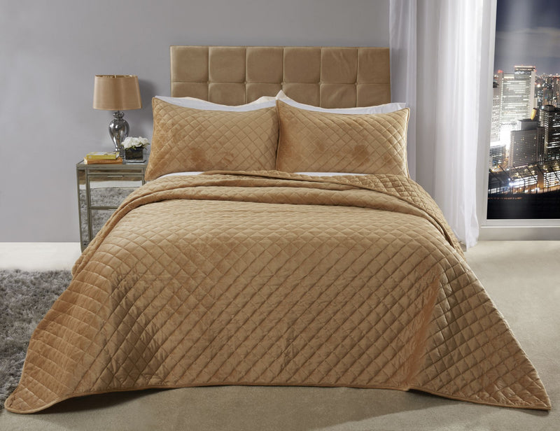 Regent Quilted Soft Touch Velvet Bedspread Set in Ochre