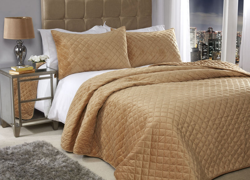 Regent Quilted Soft Touch Velvet Bedspread Set in Ochre