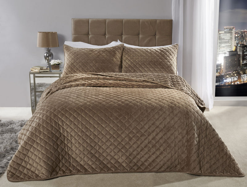 Regent Quilted Soft Touch Velvet Bedspread Set in Taupe