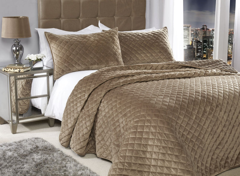 Regent Quilted Soft Touch Velvet Bedspread Set in Taupe