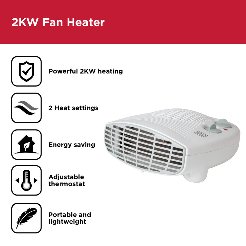 Black+Decker Flat Fan Heater 2kw  - White