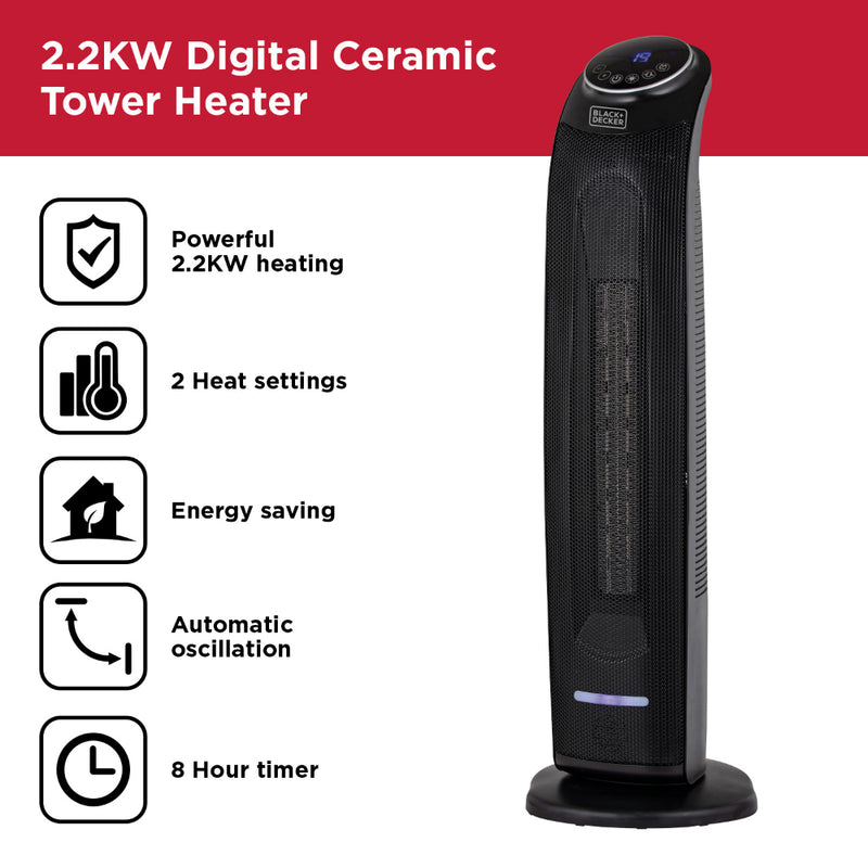 Black+Decker Ceramic Tower Fan Heater 2.2KW  - Black