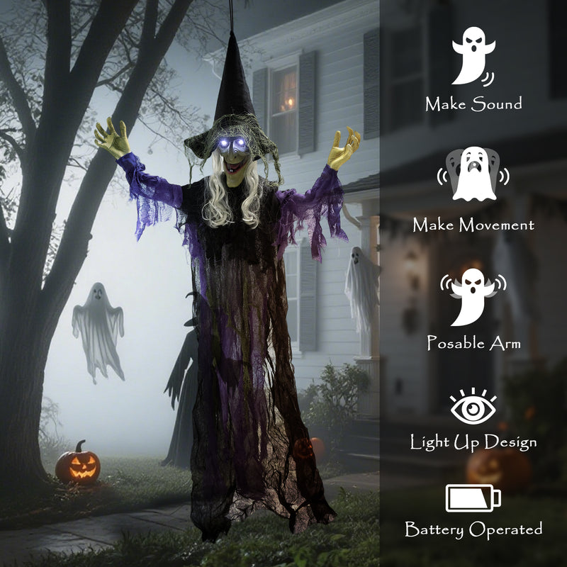 Outsunny Voice Activated Halloween Animatronics Hanging Witch, Purple