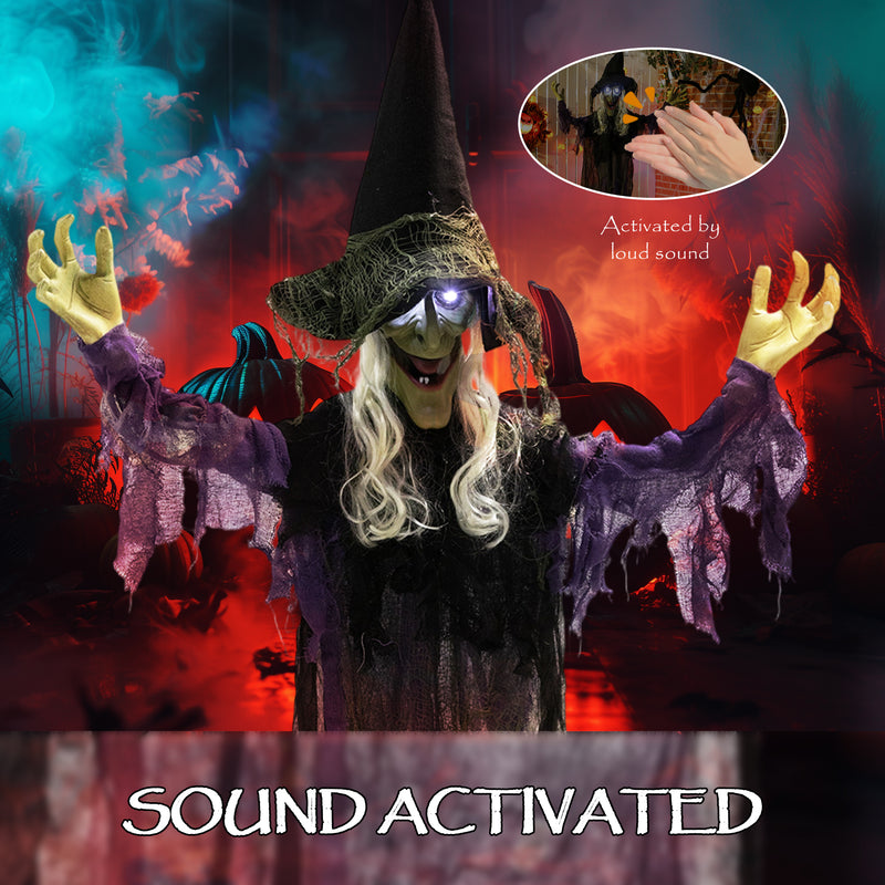 Outsunny Voice Activated Halloween Animatronics Hanging Witch, Purple