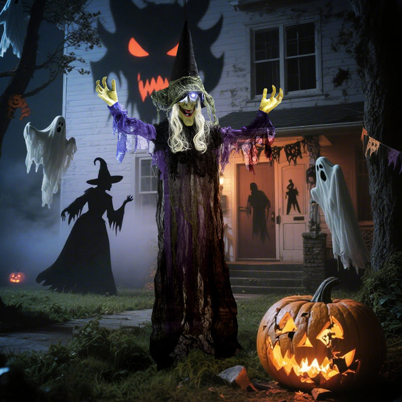 Outsunny Voice Activated Halloween Animatronics Hanging Witch, Purple